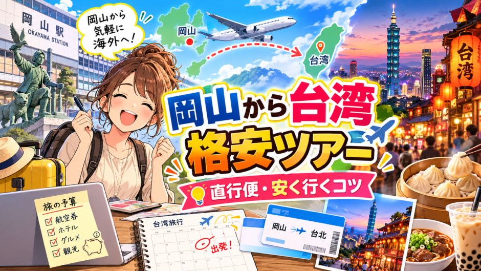 岡山から台湾へ格安で旅行する計画をイメージした風景