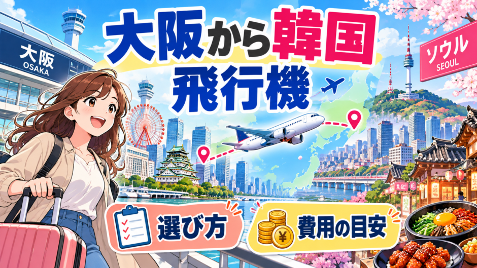 大阪から韓国へ飛行機で旅行するイメージ