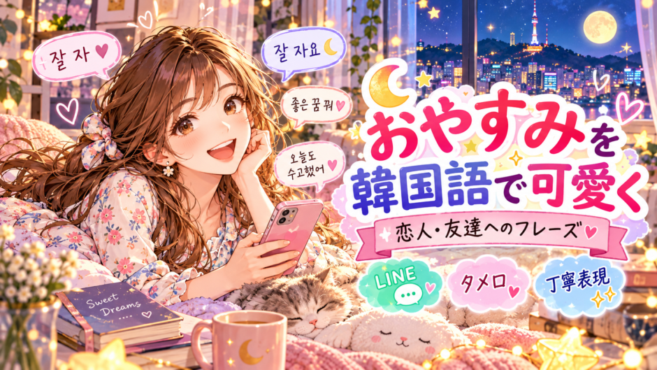 韓国語で可愛くおやすみを伝える場面のアニメ風イラスト