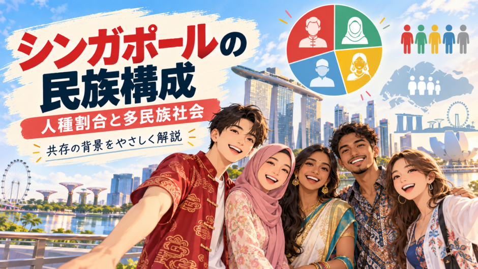 シンガポールの民族構成と多民族社会をイメージした人々
