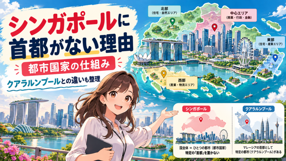 シンガポールが都市国家であることをイメージした地図と都市風景