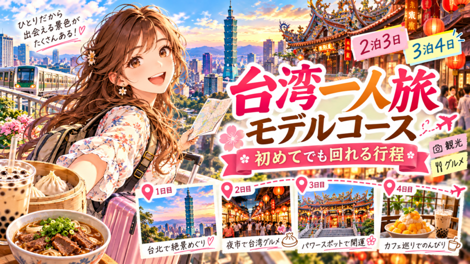 台湾一人旅のモデルコースをイメージしたアニメ風イラスト