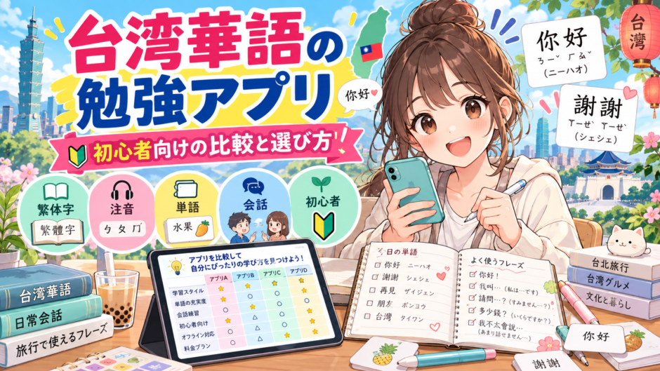 台湾華語の勉強アプリを比較するアニメ風イラスト