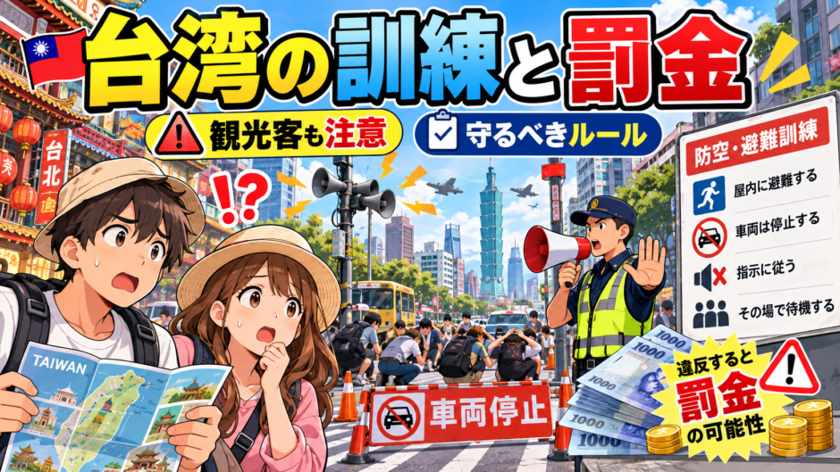 台湾の防空訓練と観光客が守るべきルールをイメージした注意喚起