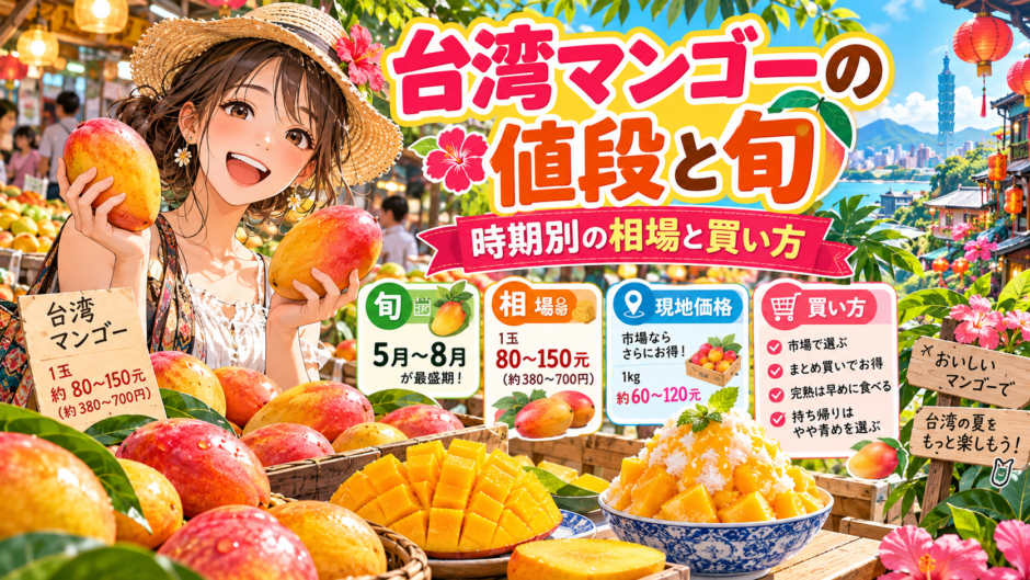 台湾マンゴーの値段と旬を紹介するアニメ風イラスト