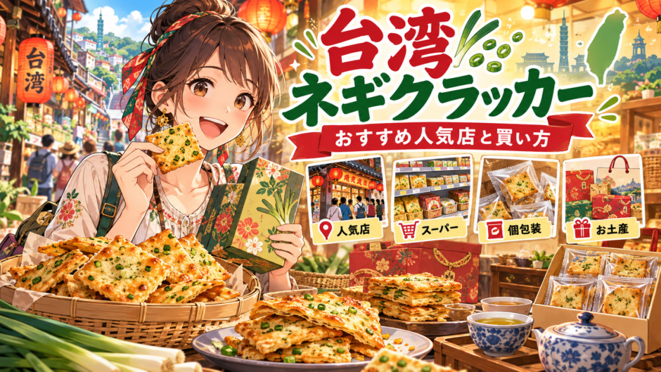 台湾のネギクラッカーを選ぶ旅行者のアニメ風イラスト