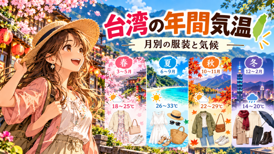 台湾の年間気温と季節ごとの服装を紹介するアニメ風イラスト