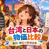 台湾と日本の物価を比較する旅行者のアニメ風イラスト