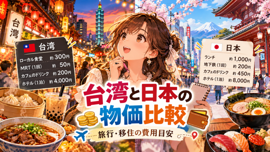 台湾と日本の物価を比較する旅行者のアニメ風イラスト