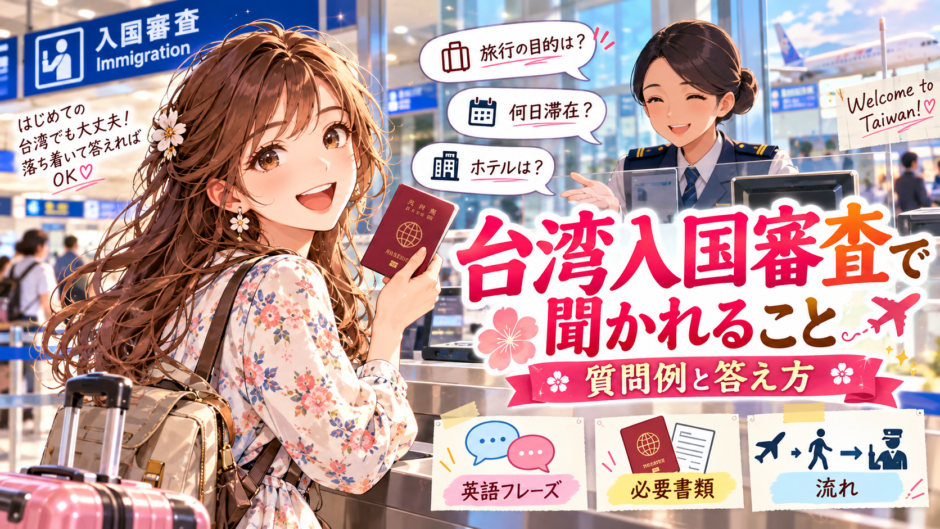台湾の入国審査での質問と答え方を案内するアニメ風イラスト