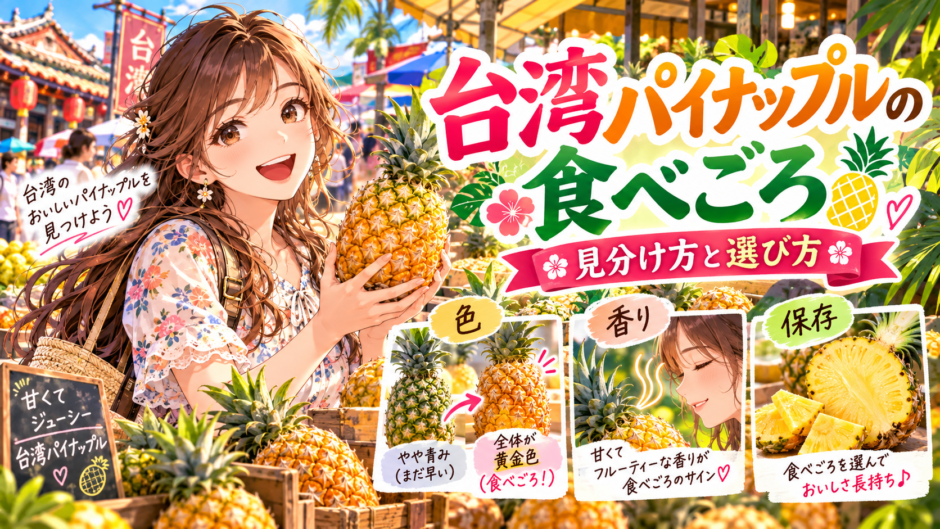 台湾パイナップルの食べごろを見分けるアニメ風イラスト