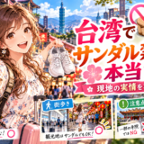 台湾旅行でサンダルとスニーカーを比較するアニメ風イラスト