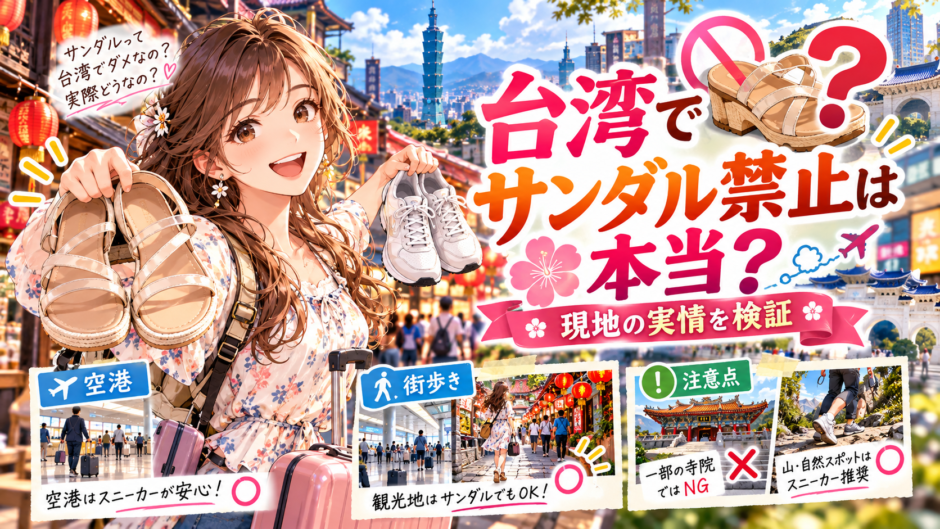台湾旅行でサンダルとスニーカーを比較するアニメ風イラスト