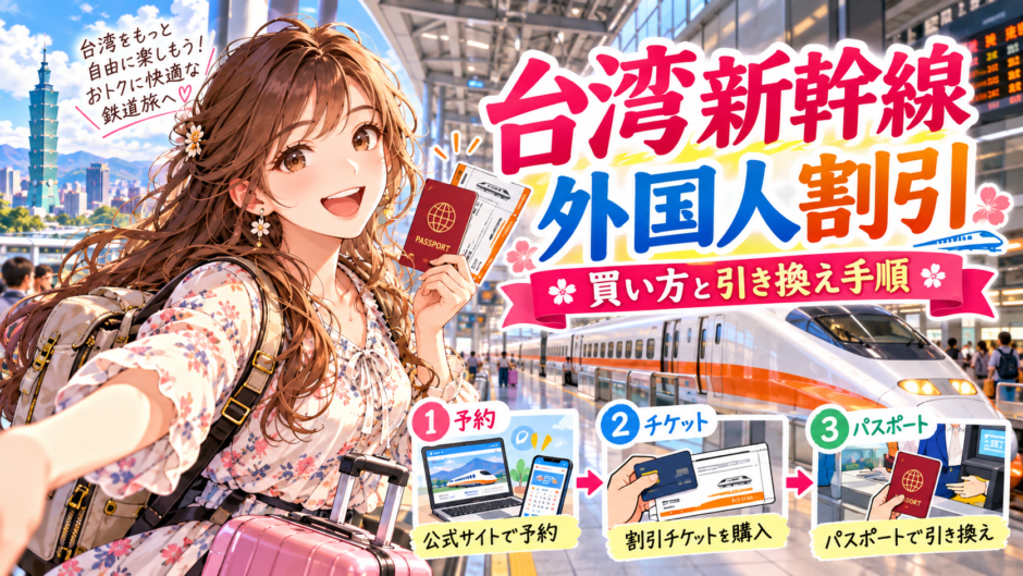 台湾新幹線の外国人向け割引利用を案内するアニメ風イラスト
