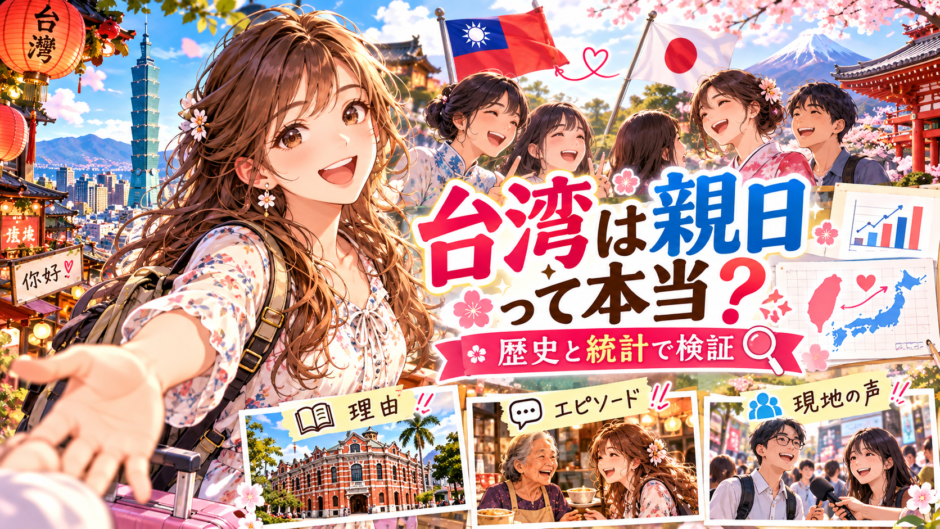 台湾と日本の交流や親日意識を検証するアニメ風イラスト
