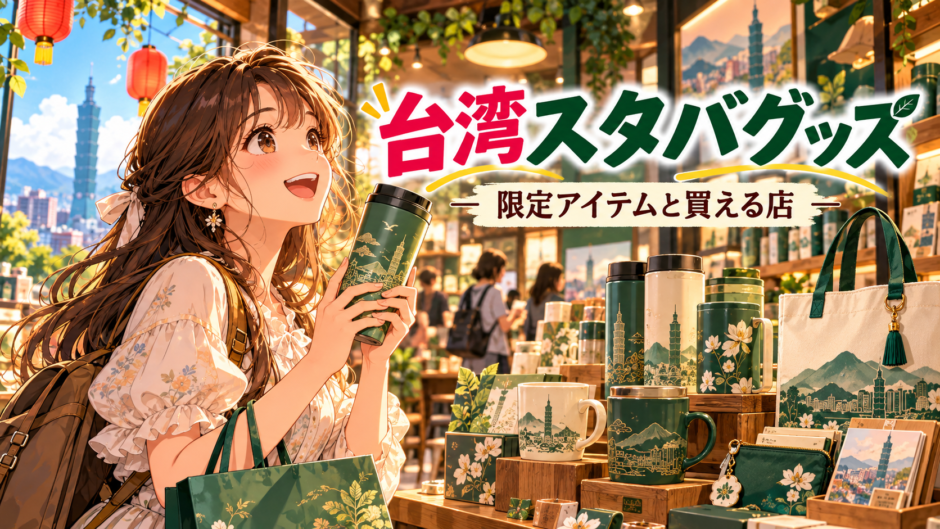 台湾限定のカフェグッズを選ぶ旅行者のアニメ風イラスト