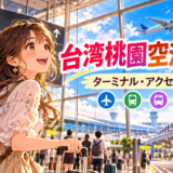 台湾桃園空港のターミナルとアクセスを案内するアニメ風イラスト