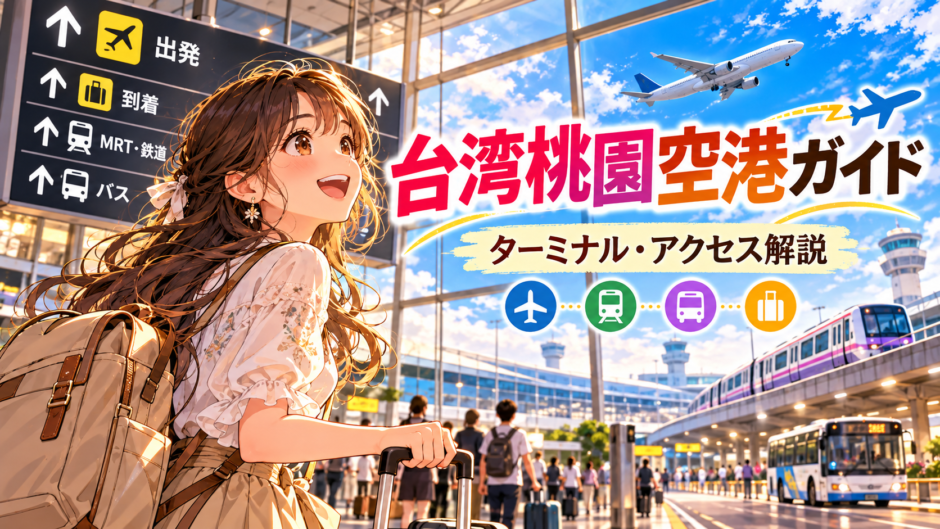 台湾桃園空港のターミナルとアクセスを案内するアニメ風イラスト